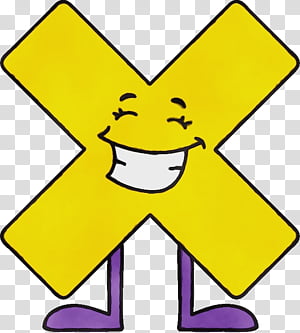 Cheerful yellow multiplication symbol character with smiling face and purple legs.
