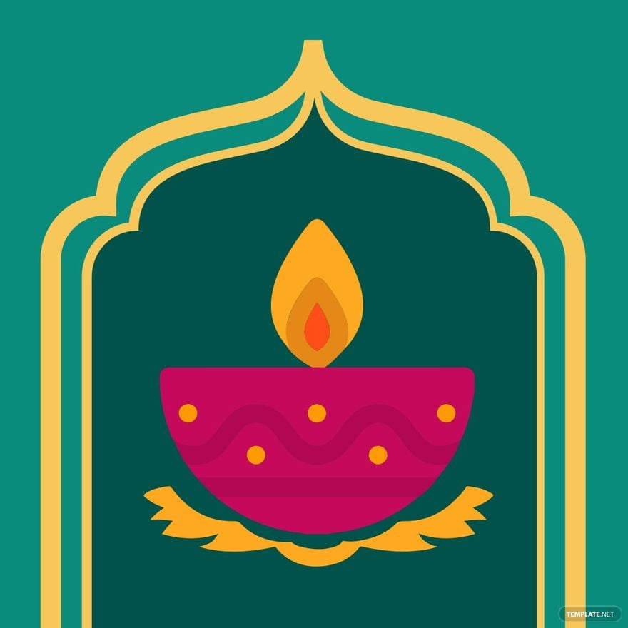 A stylized Diwali diya (oil lamp) in magenta with golden flame, framed by an ornate yellow arch on teal background.