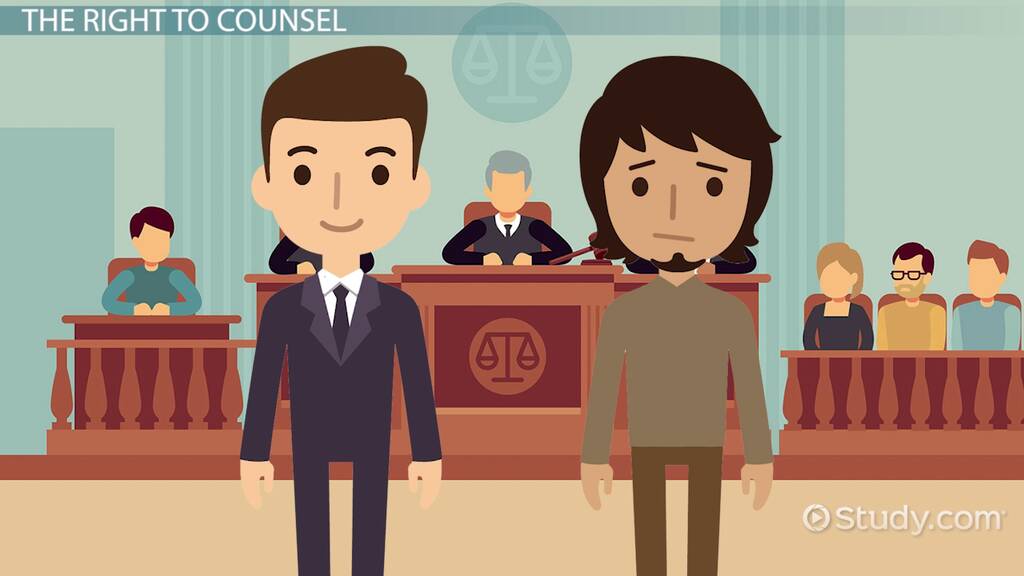 Courtroom scene illustrating the right to counsel, with defendant, lawyer, judge, and jury present.