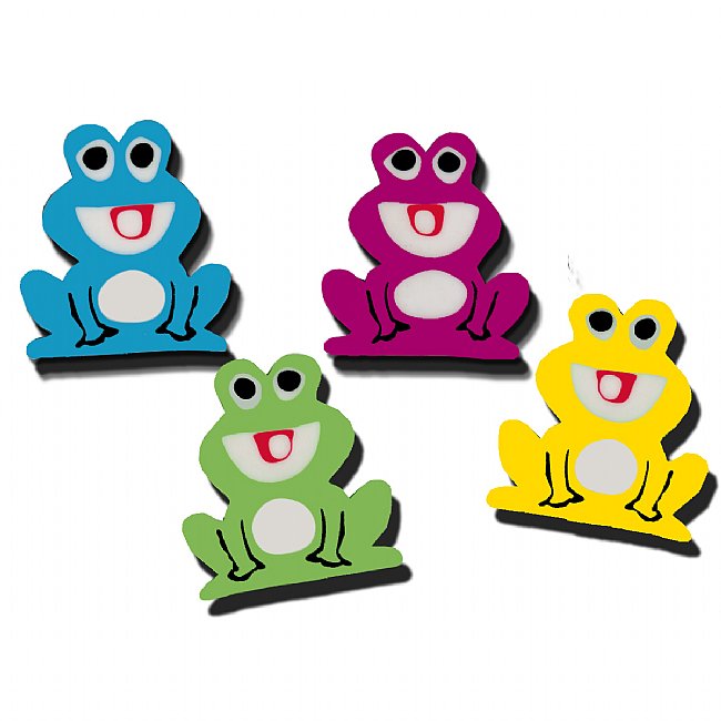 Four colorful cartoon frog erasers in blue, purple, green, and yellow with smiling faces and white bellies.