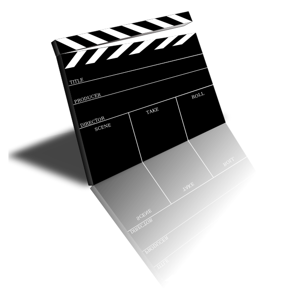 Black-and-white film clapperboard with labeled fields for title, producer, director, scene, take, roll, and slate details.