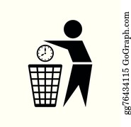 A stylized black figure tossing a clock into a trash bin, symbolizing time waste or discarding outdated schedules.