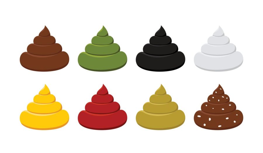 Eight cartoon-style poop icons in different colors: brown, green, black, white, yellow, red, olive, and speckled brown.