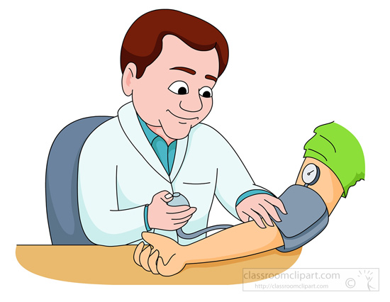 Doctor checking blood pressure on a patient's arm using a sphygmomanometer and stethoscope.