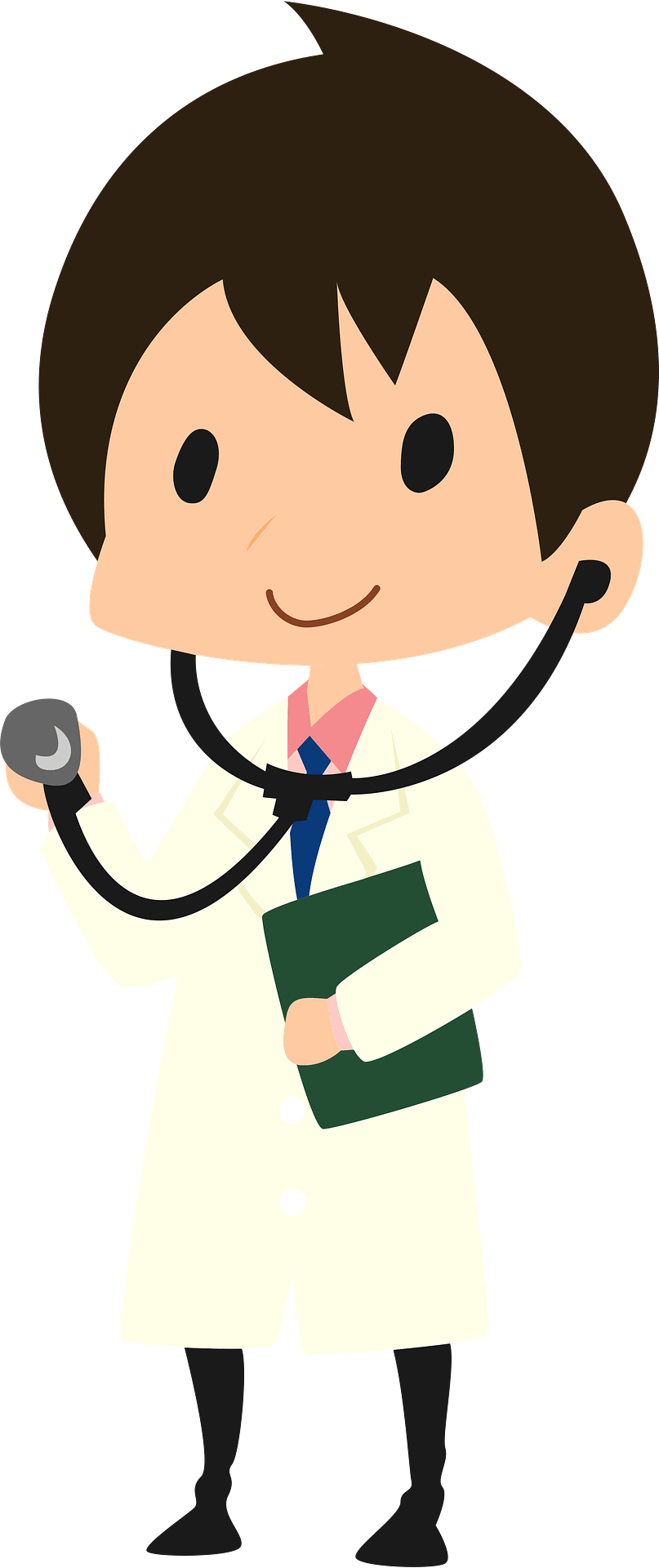 Smiling cartoon doctor in white coat holding stethoscope and green folder.