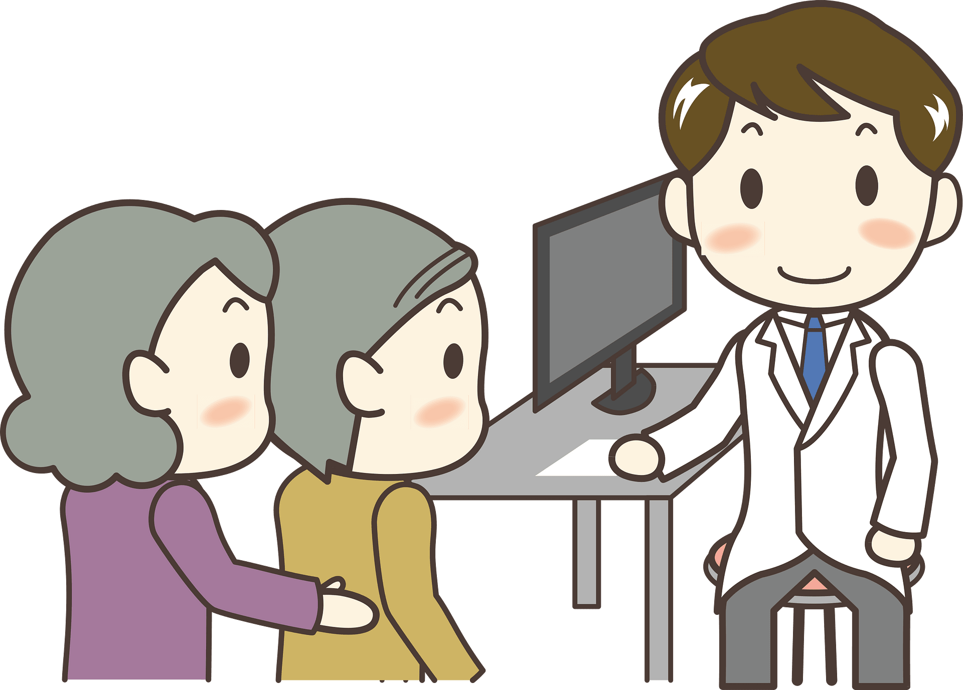A doctor in a white coat consults with two elderly women at a desk with a computer.
