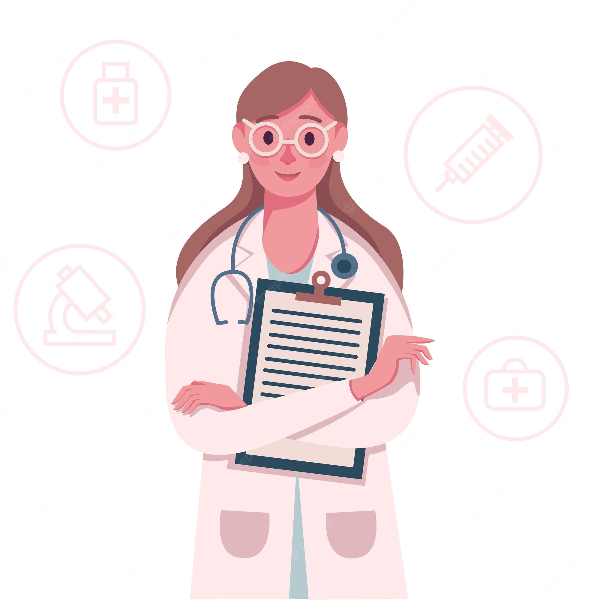 Female doctor in lab coat holding clipboard, surrounded by medical icons including syringe, microscope, medicine bottle, and first-aid kit.