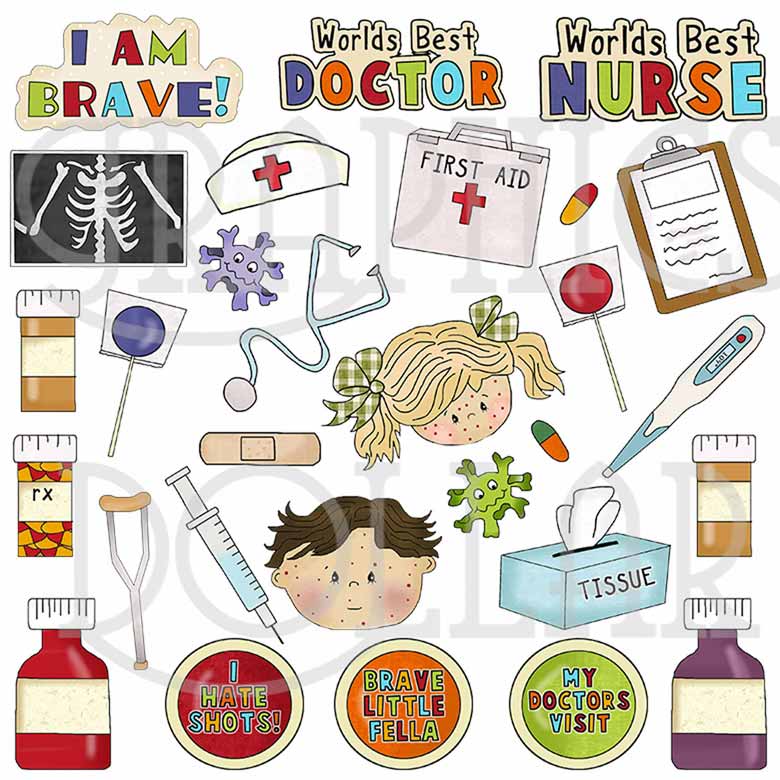 Pediatric medical clipart set featuring doctors, nurses, stethoscopes, X-rays, medicines, and encouraging phrases like "I Am Brave!"