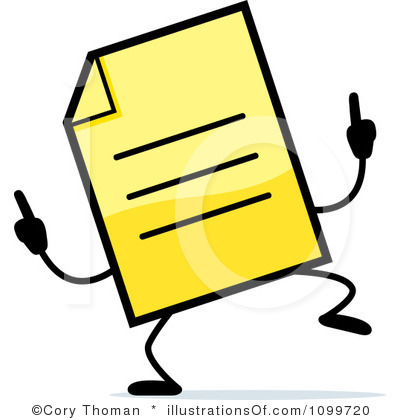 Animated yellow document character with arms, legs, and pointing fingers, conveying action or instruction.