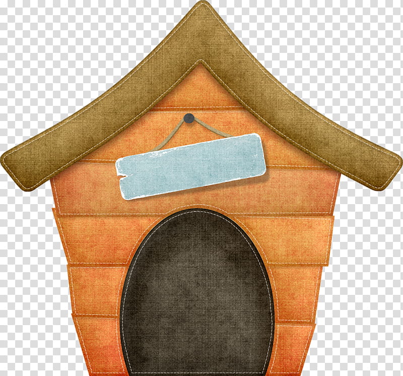 Illustrated wooden doghouse with brown roof, orange walls, arched entrance, and blank hanging sign.