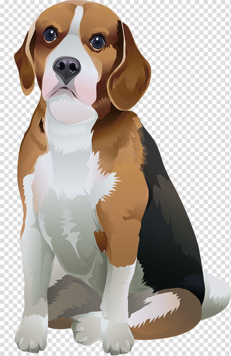 A sitting tricolor beagle with expressive eyes, white chest, brown head, and black back, illustrated in detailed digital art style.