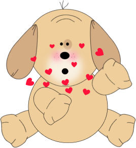 Cute cartoon puppy with red hearts floating around its face, expressing love and affection.