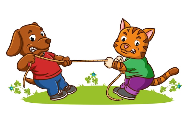 A cartoon dog in a red shirt and a cat in a green shirt play tug-of-war with a rope on grass.
