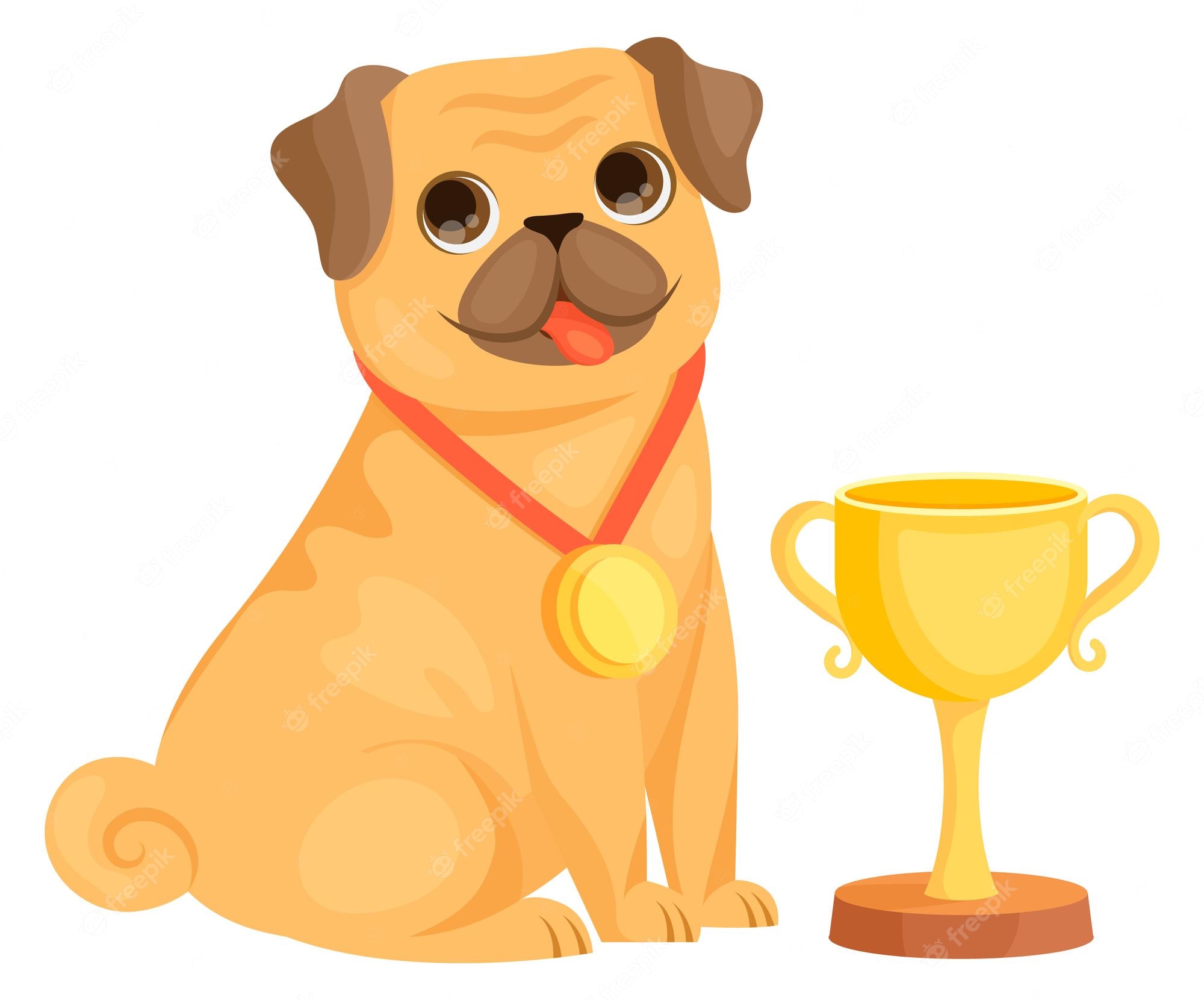 Cute cartoon pug wearing a gold medal, sitting beside a golden trophy cup.