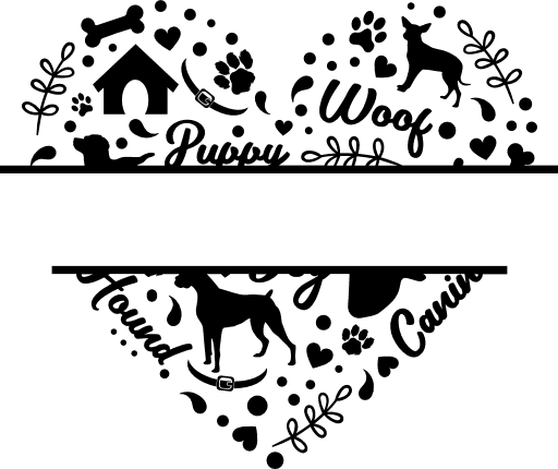 Decorative dog-themed graphic with silhouettes of dogs, bones, paw prints, hearts, and text like "Puppy", "Woof", "Hound", "Canine" in a symmetrical layout.