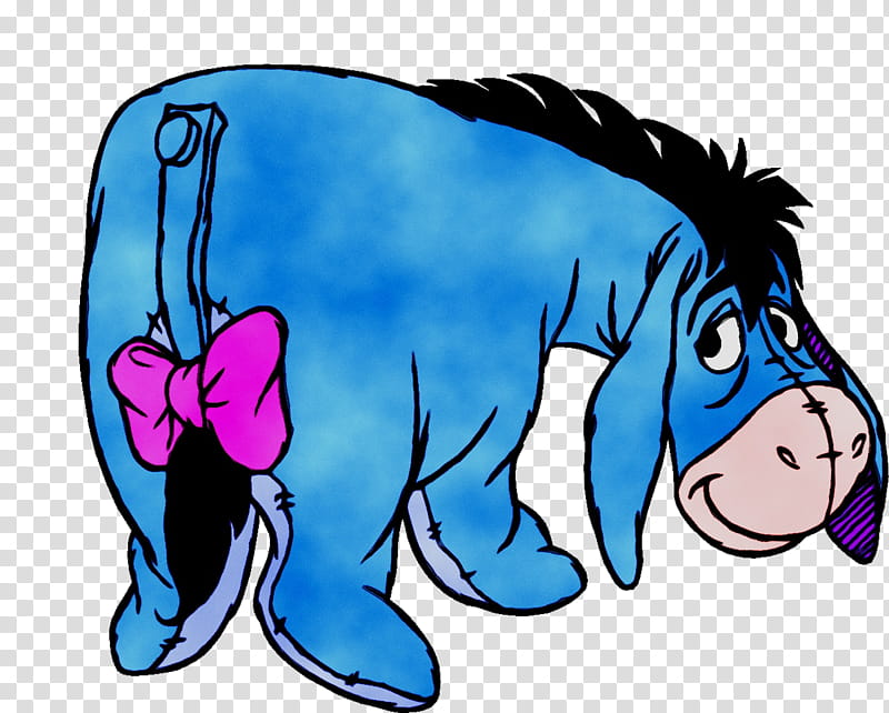 Blue cartoon donkey with pink bow on tail, drooping ears, and sad expression-Eeyore from Winnie the Pooh.