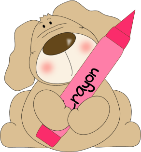 A cartoon beige puppy holding a large pink crayon labeled "Crayon" with rosy cheeks and a friendly expression.