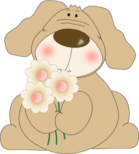Cute cartoon dog holding a bouquet of white daisies with pink centers, blushing cheeks, and a friendly expression.