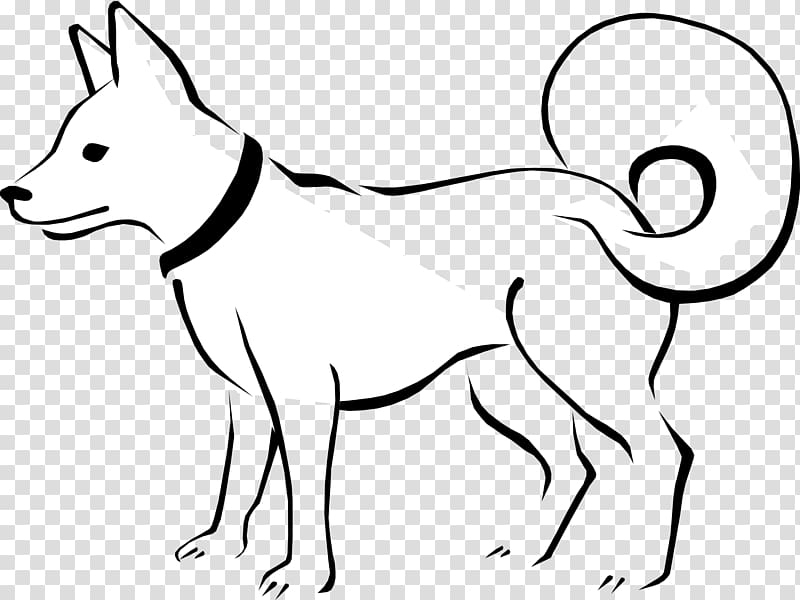Black-and-white line drawing of a standing dog with curled tail and collar, facing left on transparent background.