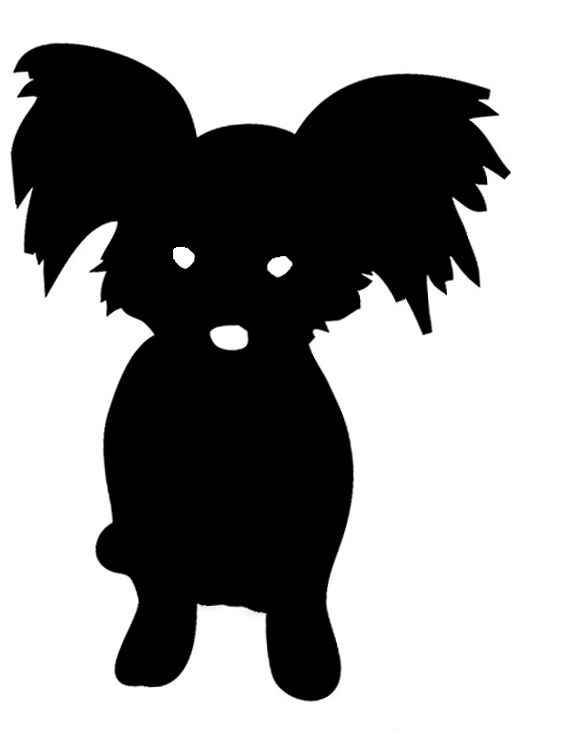 Black silhouette of a small dog with large feathery ears, white eyes and nose, standing upright.