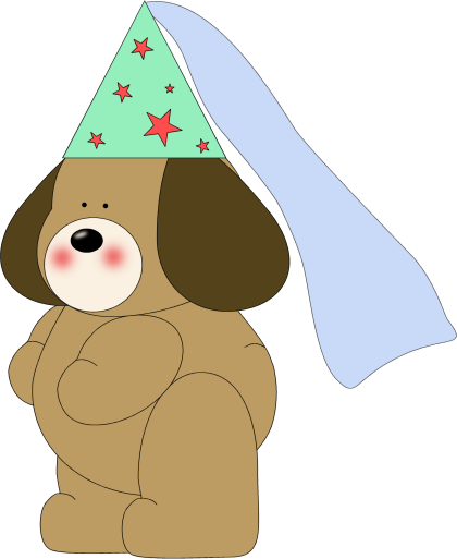 Cute brown cartoon dog wearing a green party hat with red stars and a blue streamer.