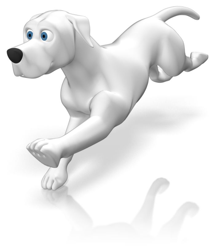 White cartoon dog running energetically with blue eyes and a playful expression.