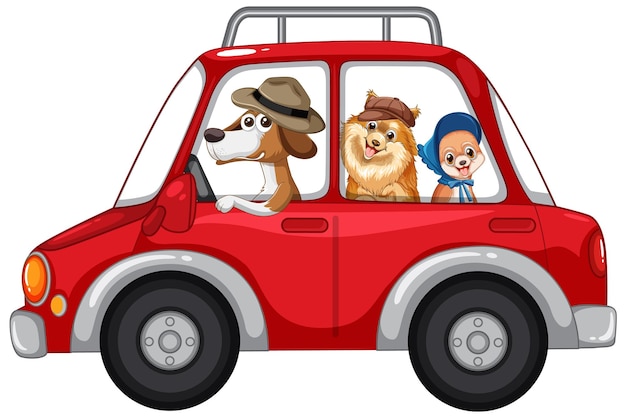 Three anthropomorphic dogs wearing hats ride in a red cartoon car, with one driving and two passengers smiling.