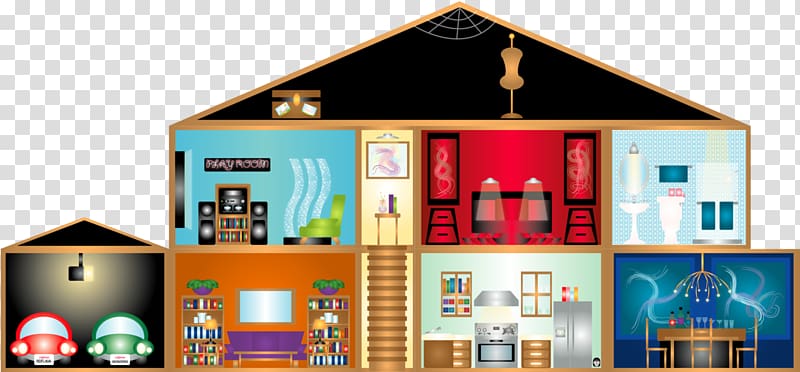 Cross-section illustration of a modern house showing interior rooms including living room, kitchen, bedroom, garage, and dining area.