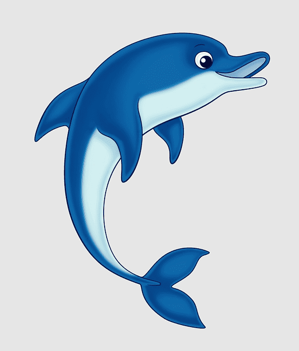 Friendly cartoon dolphin leaping with a joyful expression, blue body and light underbelly.
