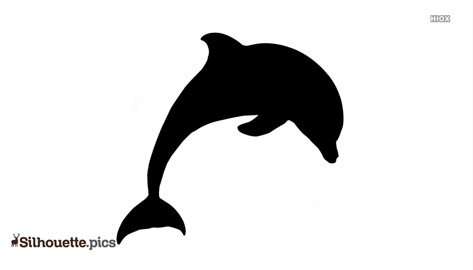 Black silhouette of a dolphin leaping mid-air against a white background.