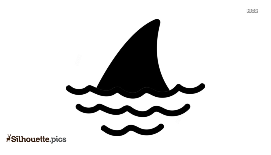 Black silhouette of a shark fin emerging from wavy water lines on white background.