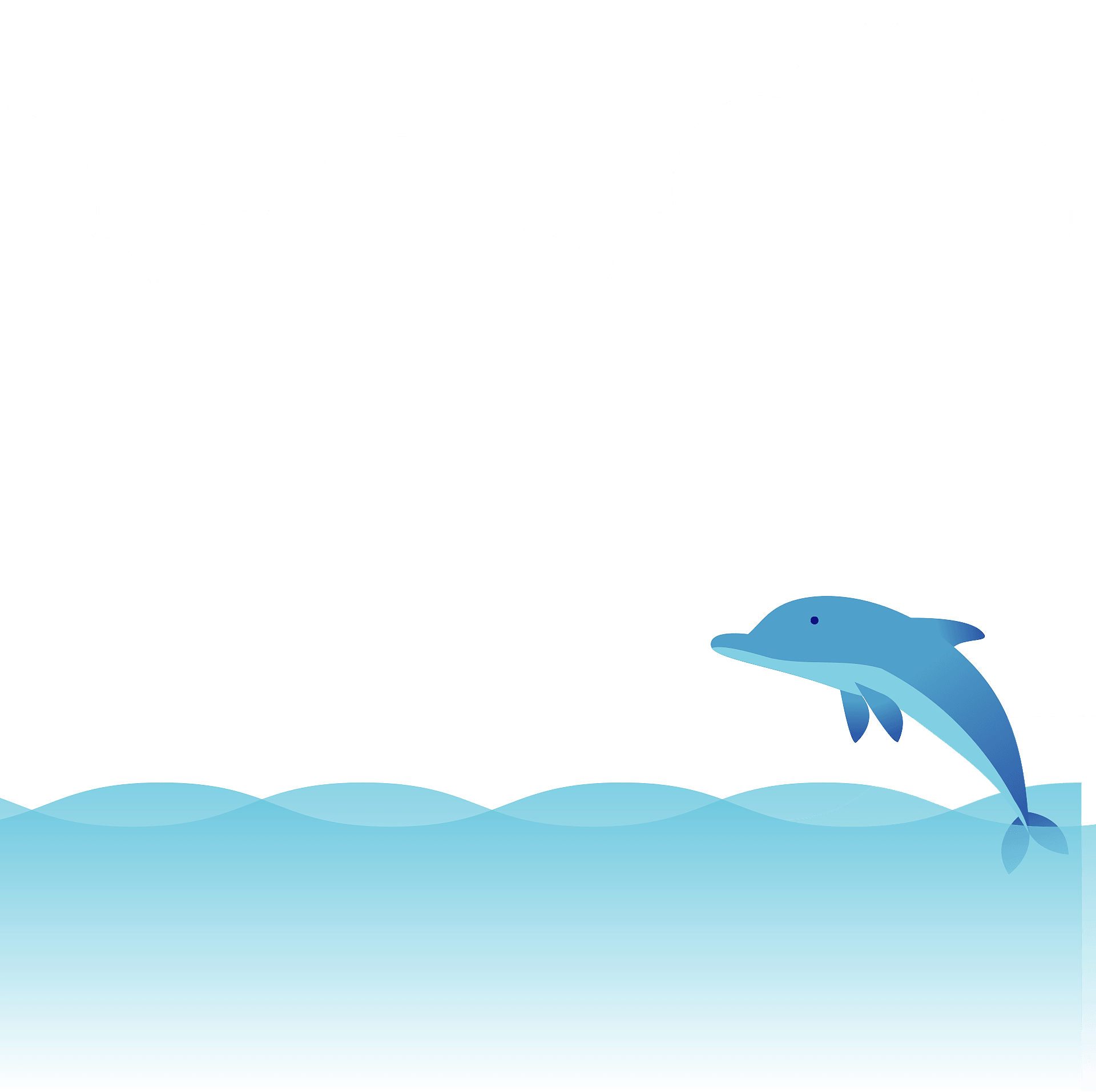 A stylized blue dolphin leaping from light blue ocean waves beneath white clouds and a teal sky.