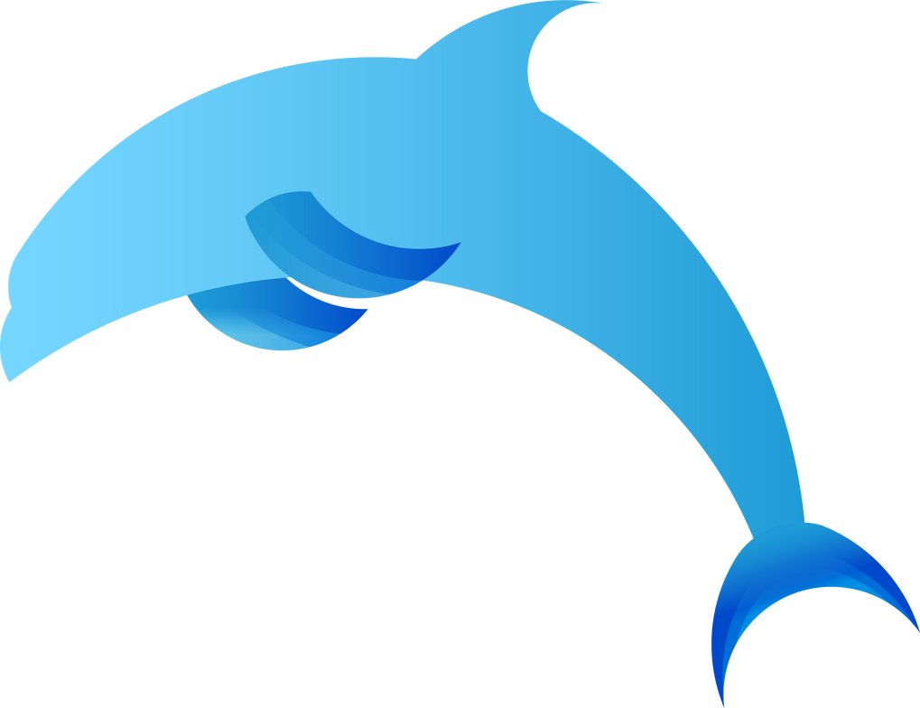 Stylized blue dolphin leaping in a graceful arc against a black background, with gradient shading and smooth curves.