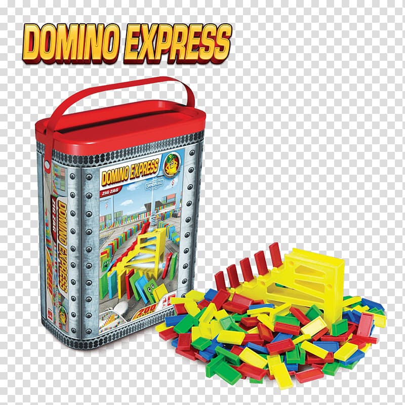 Domino Express toy set in red metal-style tin with colorful dominoes and yellow track pieces spilled out.