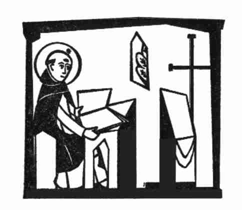Saint writing at a lectern in a monastic scriptorium, with crucifix and reliquary visible.