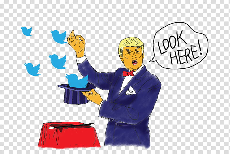 A cartoon magician resembling a public figure in a blue suit and red bowtie performs a trick with Twitter birds emerging from a top hat, shouting "LOOK HERE!"