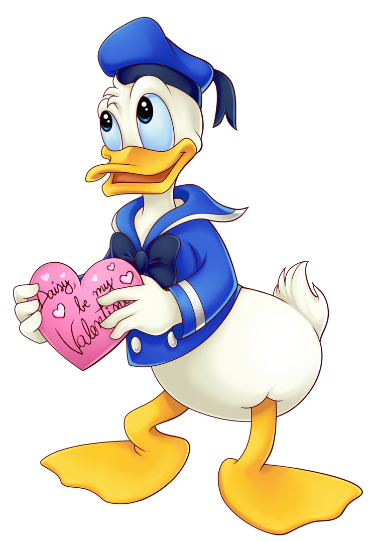 Donald Duck holding a pink heart-shaped Valentine’s card addressed to Daisy.