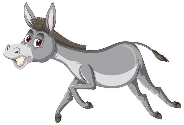 Cartoon donkey running with joyful expression, gray coat, upright ears, and spiky mane.
