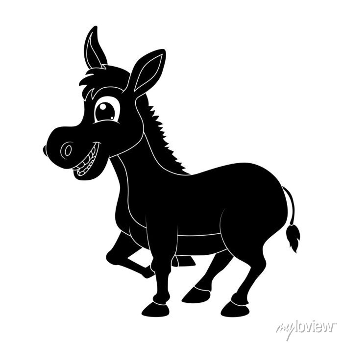 Cheerful cartoon donkey silhouette with big eyes and smiling expression, black on white background.