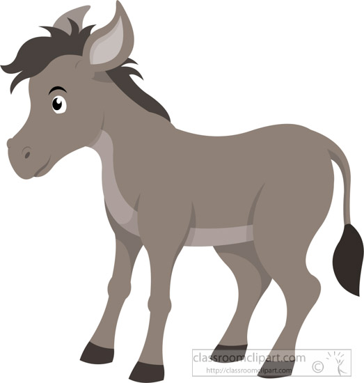 Cartoon illustration of a friendly gray donkey with large ears and expressive eyes, standing in profile against white background.