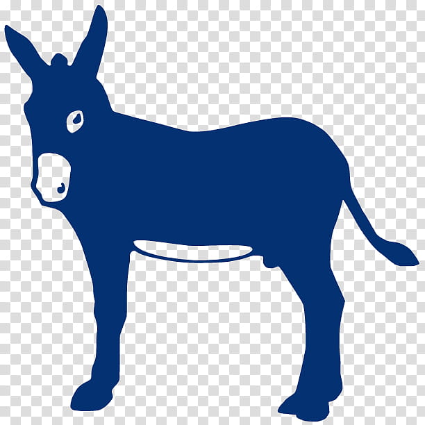 Blue silhouette of a standing donkey with white eye and muzzle on transparent background.