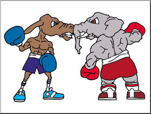 A cartoon boxing match between a muscular donkey in blue gear and a strong elephant in red gear, symbolizing political rivalry.