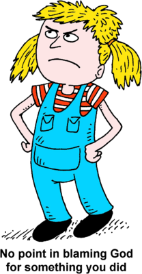 Angry cartoon girl with blonde pigtails, striped shirt, and blue overalls, hands on hips.
