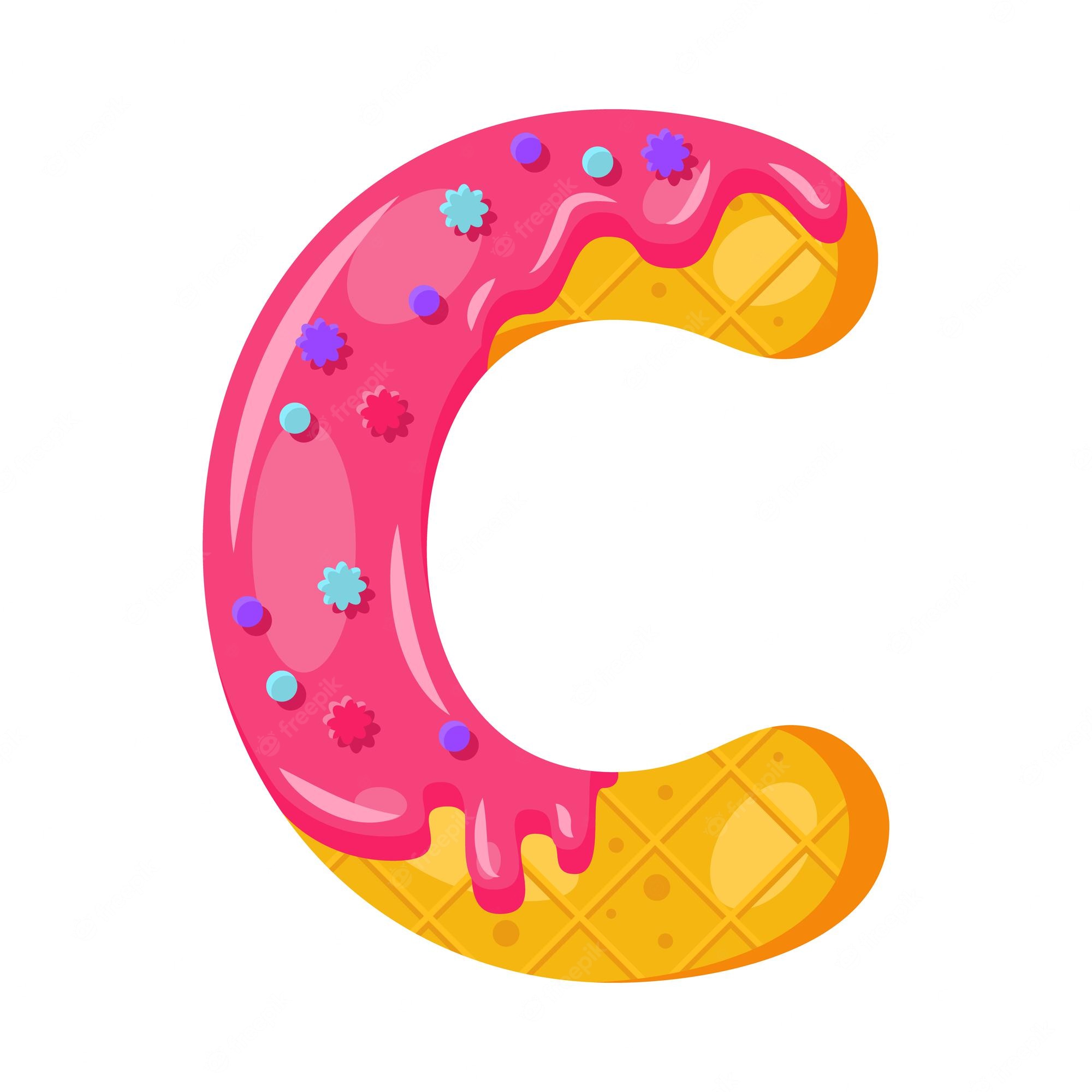 A playful letter 'C' shaped like a glazed donut with pink icing and colorful sprinkles on a white background.