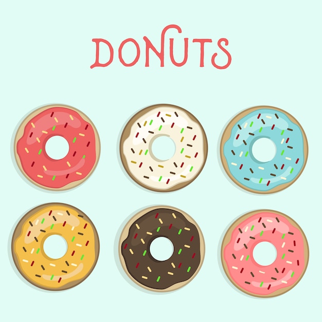 Six colorful donuts with assorted frostings and sprinkles arranged in two rows on a light blue background.
