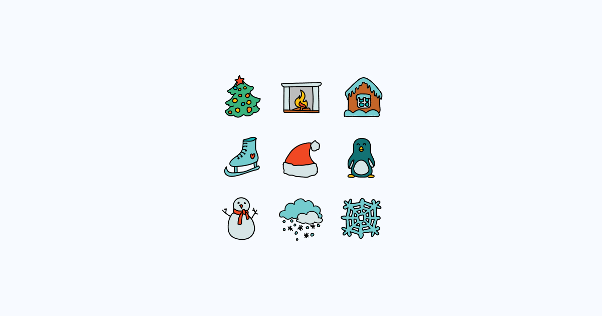 Nine hand-drawn winter and Christmas icons including tree, fireplace, gingerbread house, ice skate, Santa hat, penguin, snowman, snow cloud, and snowflake.