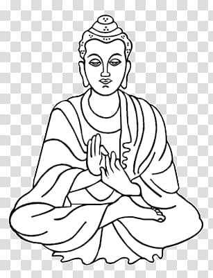 Line drawing of Buddha seated in lotus position with hands in prayer gesture, wearing traditional robes and ushnisha.