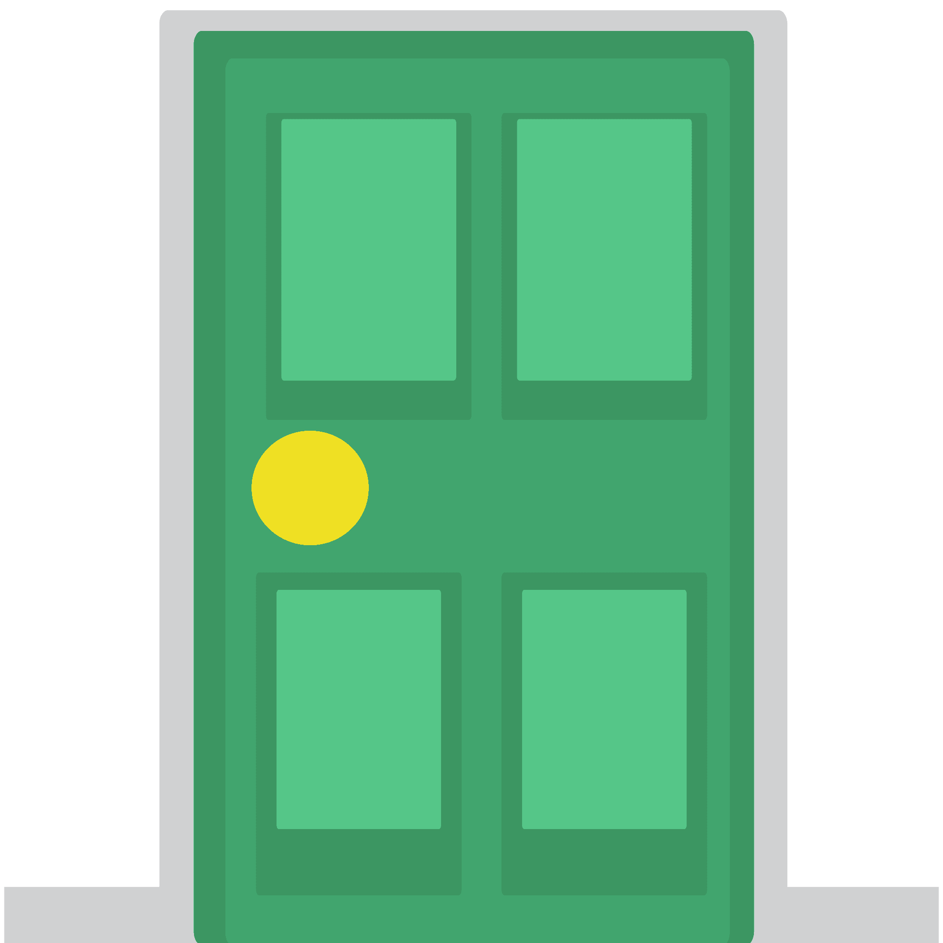 A green paneled door with four rectangular glass windows and a bright yellow circular doorknob.