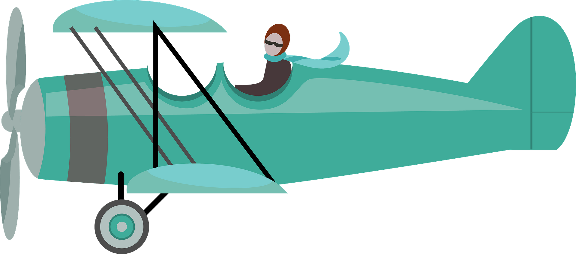 Vintage teal biplane with pilot wearing goggles and scarf, flying against a gray background.