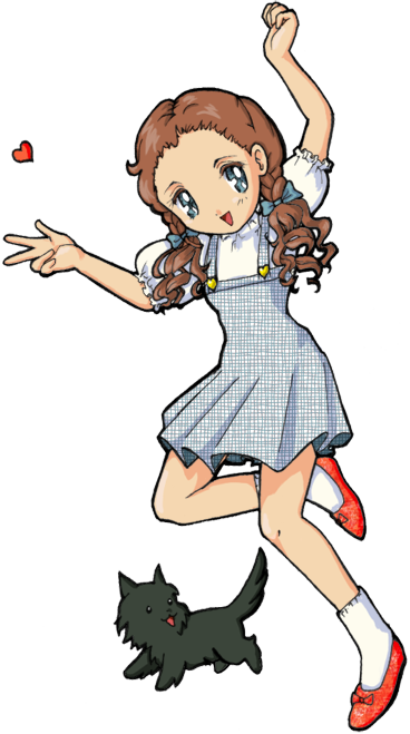 A cheerful anime-style girl with curly brown hair, blue eyes, and a gingham dress jumps joyfully beside a black cat, heart floating nearby.